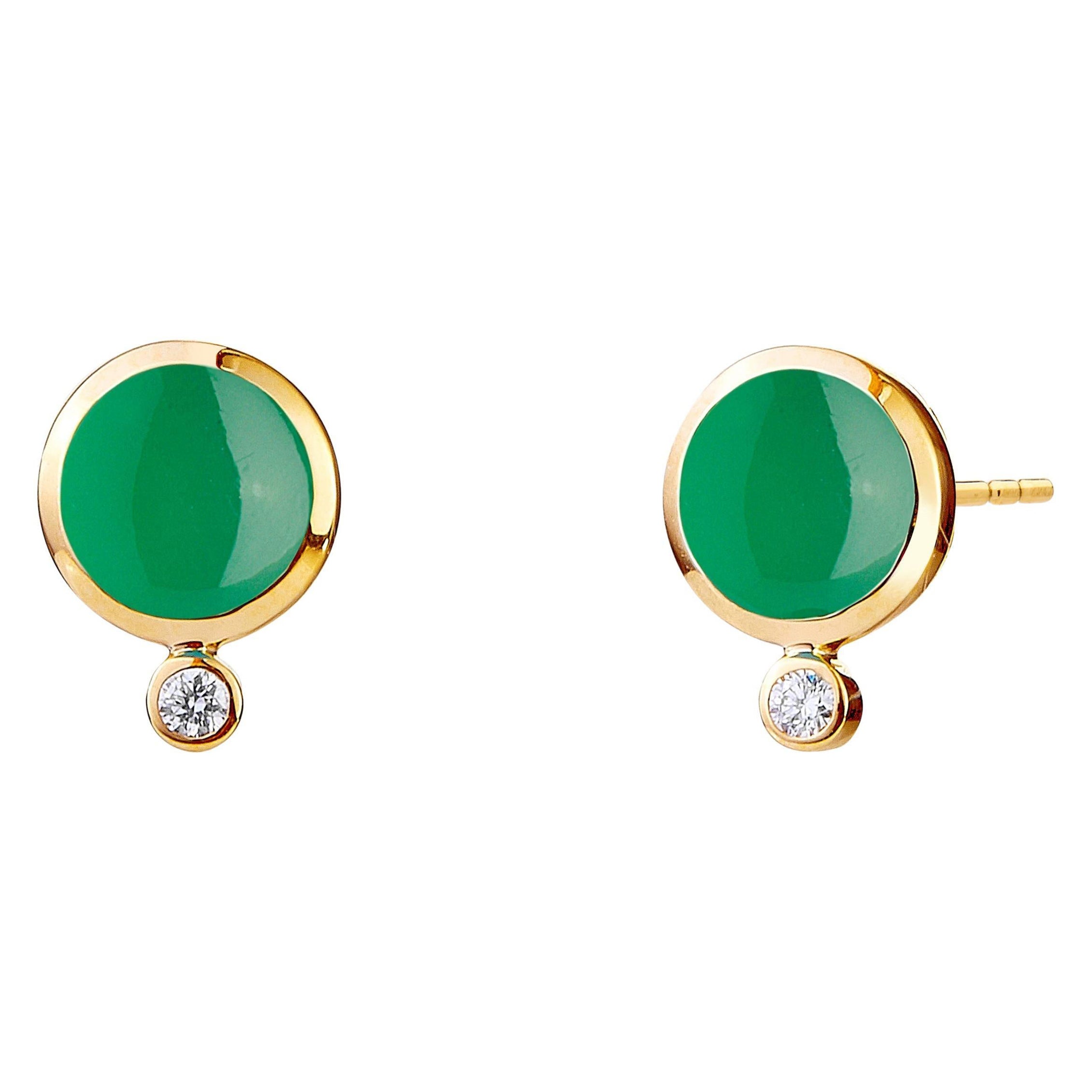 Syna Yellow Gold Green Chalcedony Studs with Diamonds For Sale