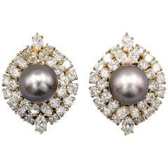 Harry Winston Black Cultured Pearl Diamond Gold Earrings
