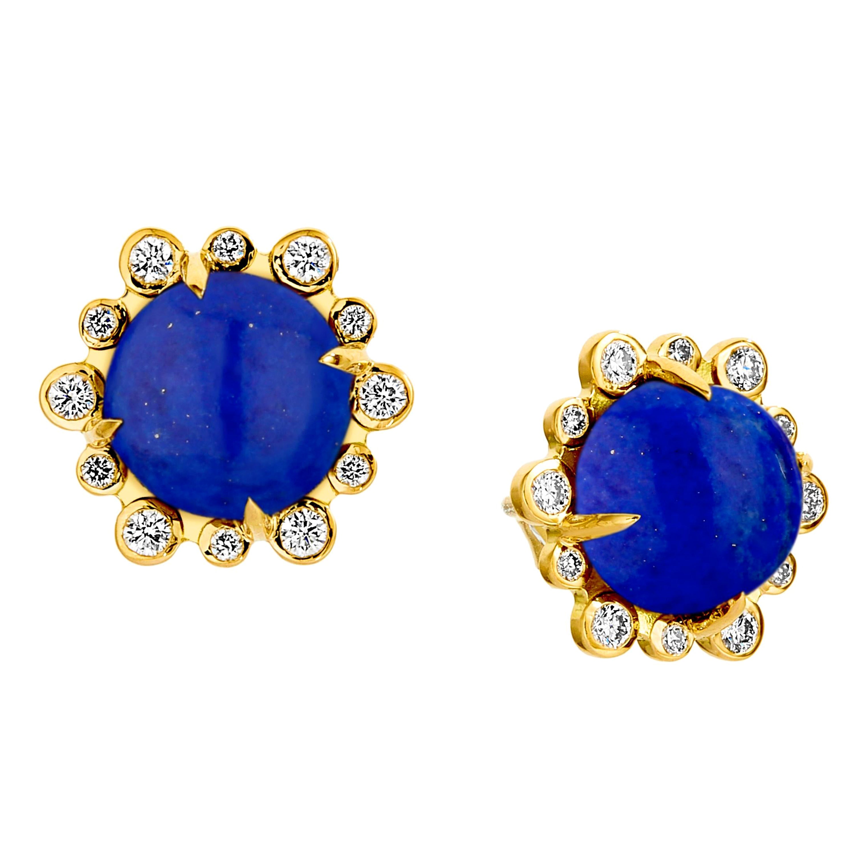 Syna Yellow Gold Lapis Lazuli Earrings with Diamonds For Sale