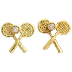 Diamond Gold Tennis Racket Stud Earrings