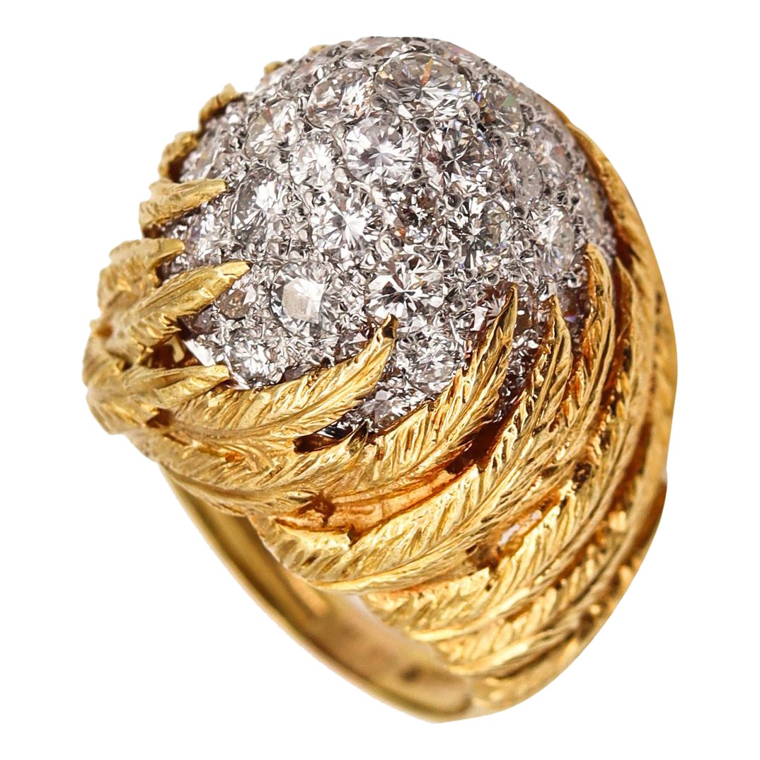 Mid Century Bombe Cocktail Ring in 18Kt Gold and Platinum with 4.42 Ctw Diamonds For Sale