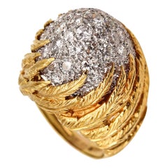 Vintage Mid Century Bombe Cocktail Ring in 18Kt Gold and Platinum with 4.42 Ctw Diamonds