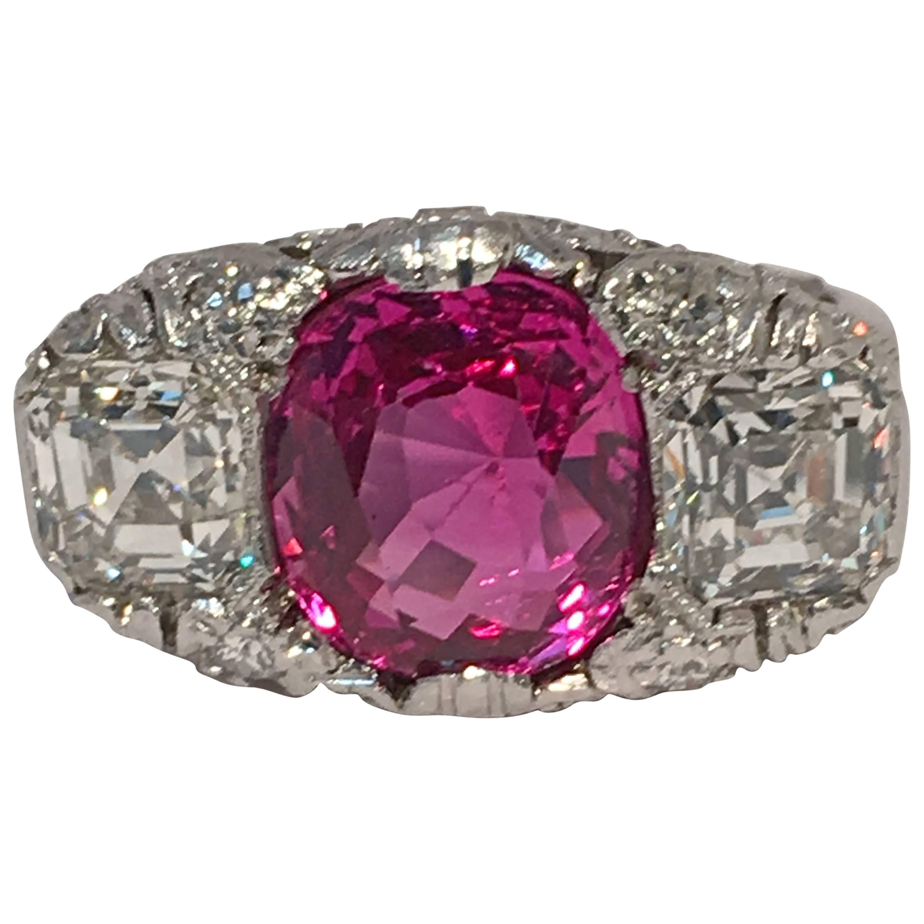 Spectacular Art Deco Pink Sapphire Diamond Platinum Ring For Sale