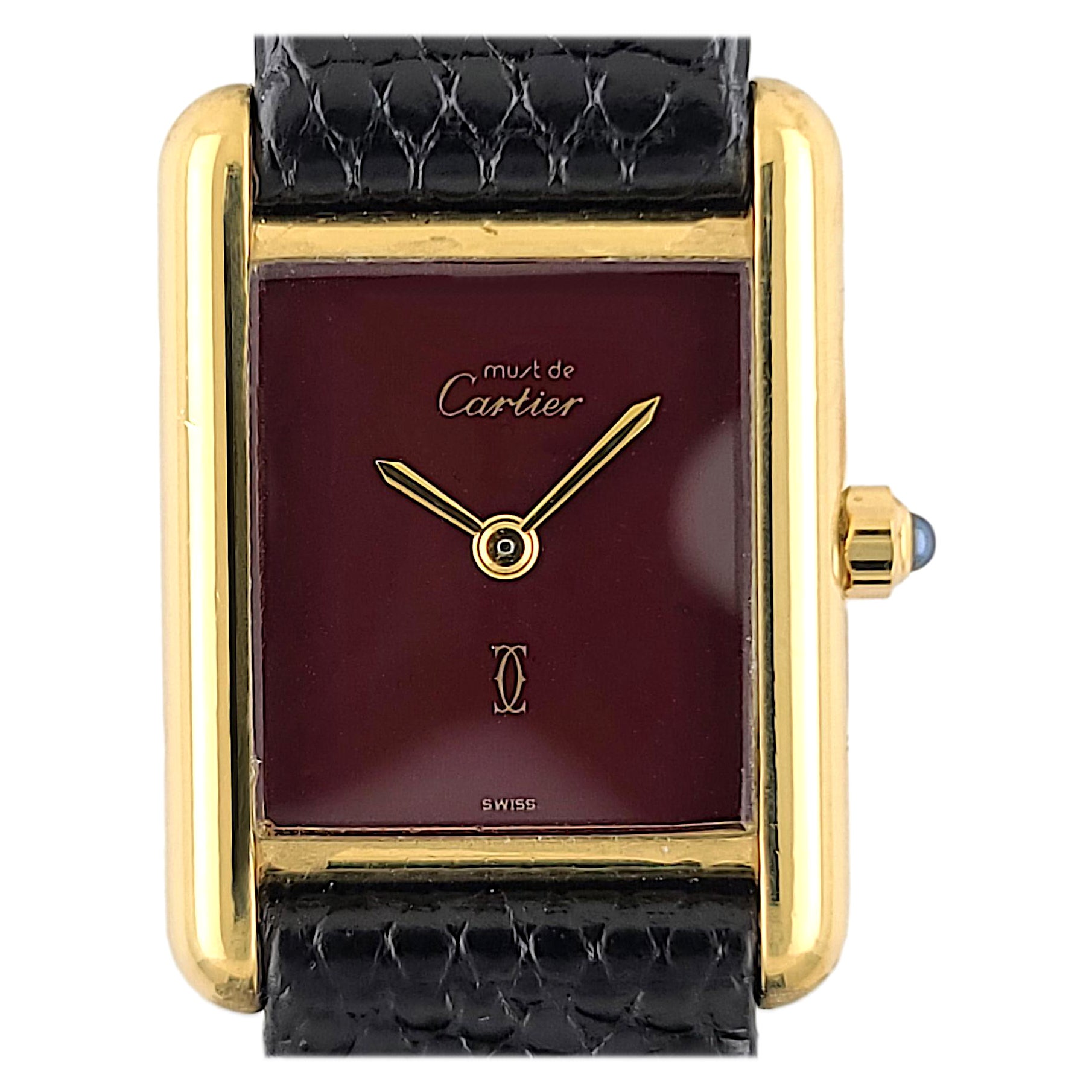 Cartier Tank Must de Cartier Grenat Burgundy Lacquer Vermeil Gold Silver + Box