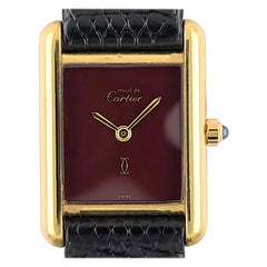 Vintage Cartier Tank Must de Cartier Grenat Burgundy Lacquer Vermeil Gold Silver + Box