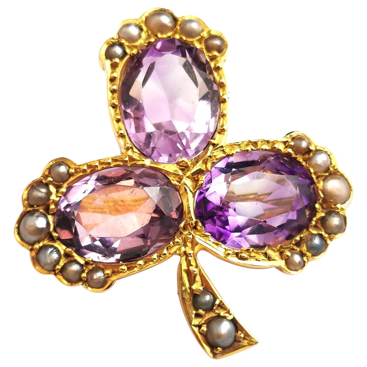 Antique Amethyst and Pearl Shamrock Brooch, Clover, 15k Gold, Victorian For Sale