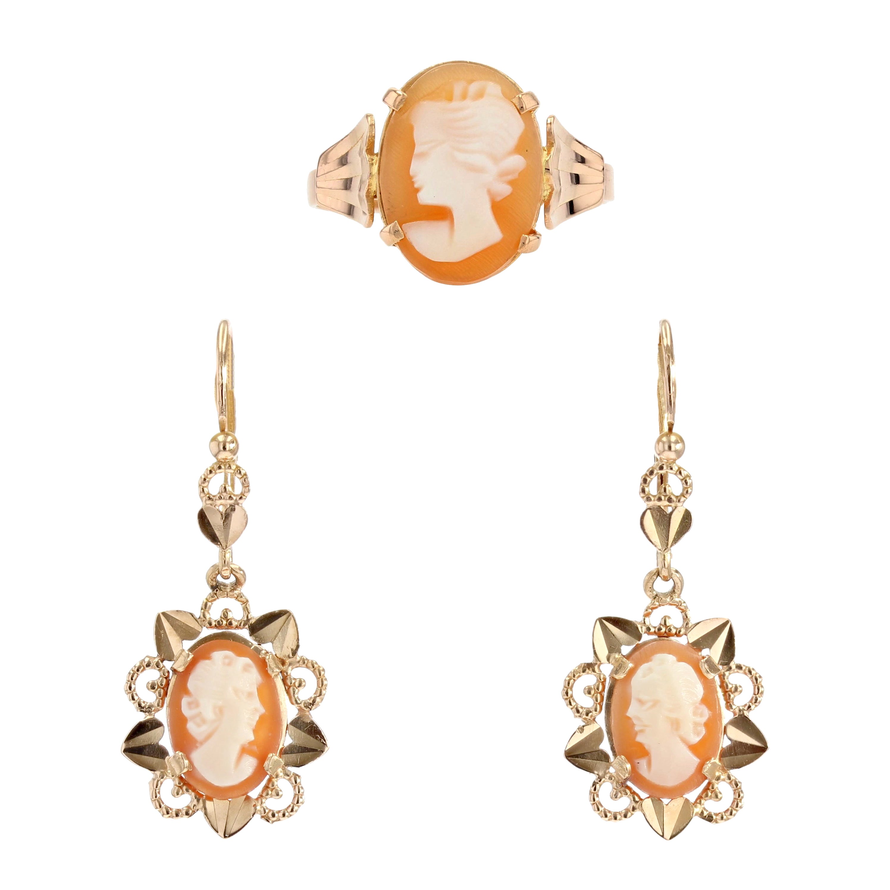 French 1960s Shell Cameo 18 Karat Rose Gold Earrings Ring Set For Sale