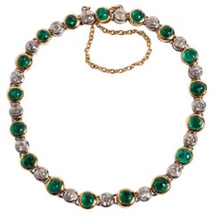 Antique French Art Nouveau Bracelet with Emeralds and Diamonds, 17 Diamonds