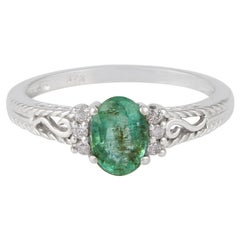 Natural Oval Emerald Gemstone Ring Diamond 9 Karat White Gold Handmade Jewelry