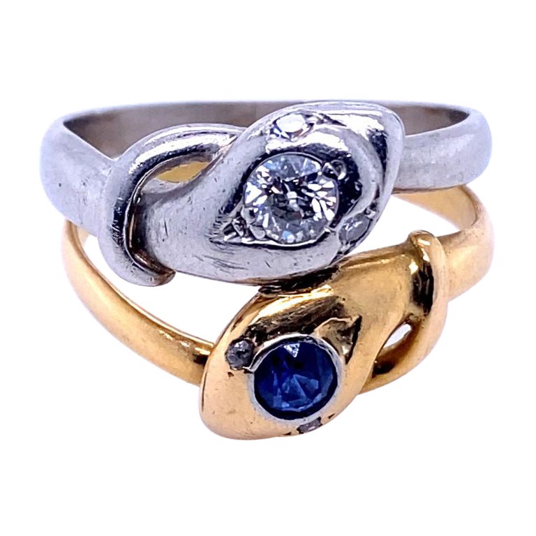 Vintage Sapphire Diamond 18 Karat Yellow Gold Platinum Snake Ring, Circa 1960 For Sale
