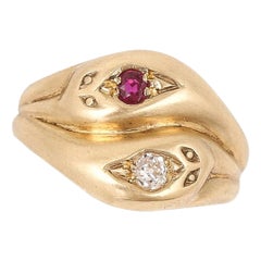 Retro Ruby and Old Cut Diamond Double Head Snake Ring