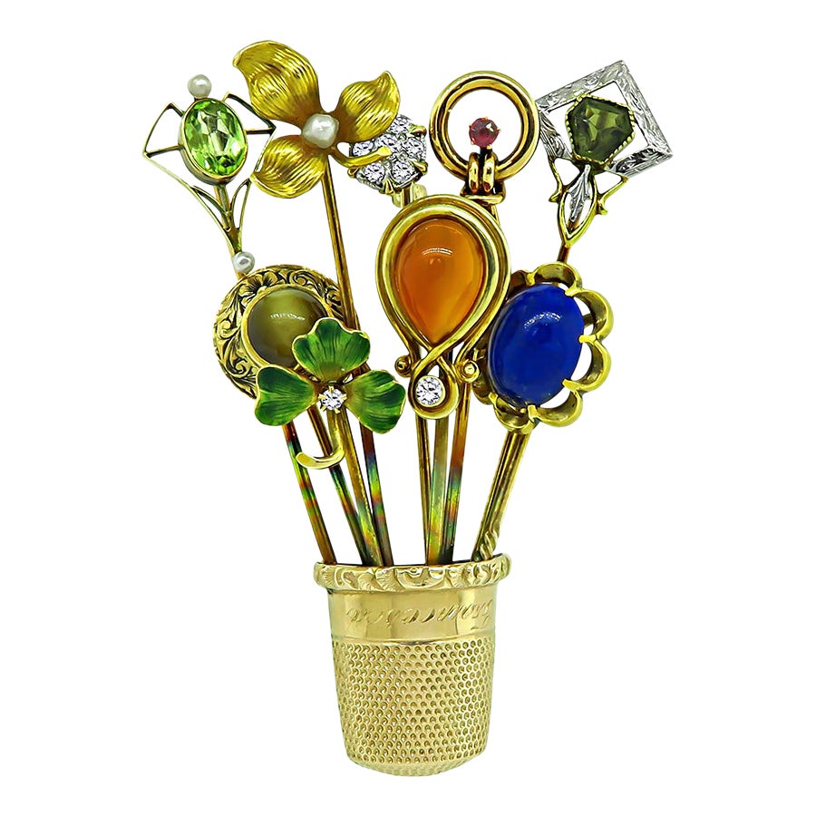 Victorian Diamond Multi Color Gemstone Enamel Gold Thimble Basket Pin For Sale