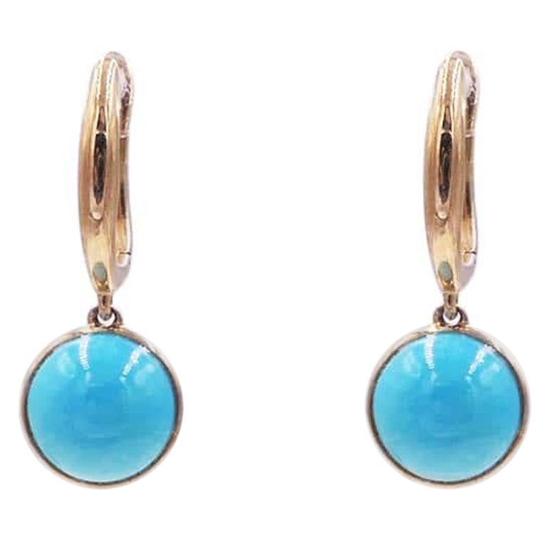 Blue Turquoise Round Cabochon Yellow Gold Huggie Drop Statement Dainty Earrings In New Condition For Sale In Oakton, VA