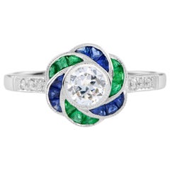 Diamond with Emerald and Sapphire Art Deco Style Rose Flower Ring in 18K Gold