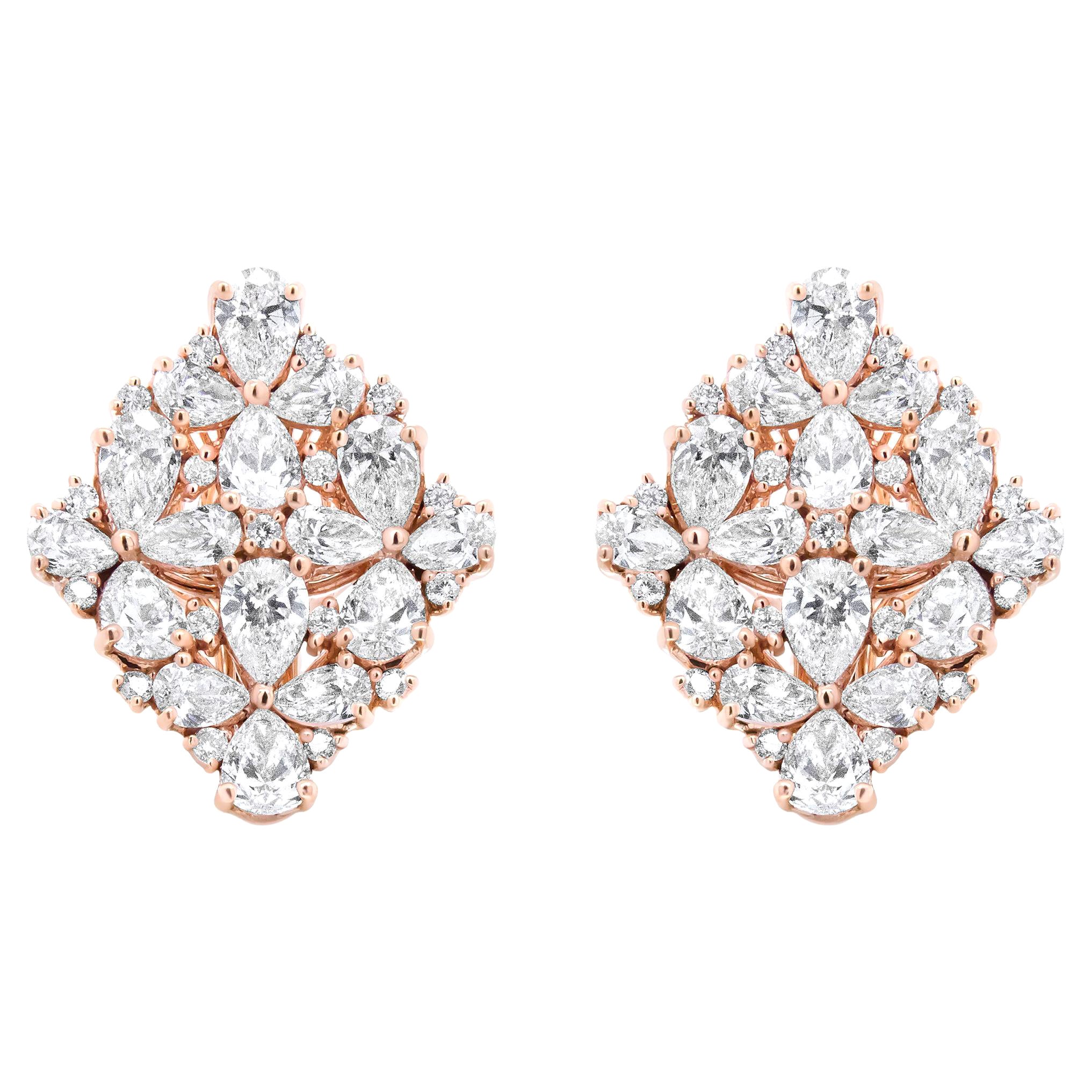 18K Rose Gold 8 1/3 Carat Pear and Round Diamond Floral Cluster Omega Earrings