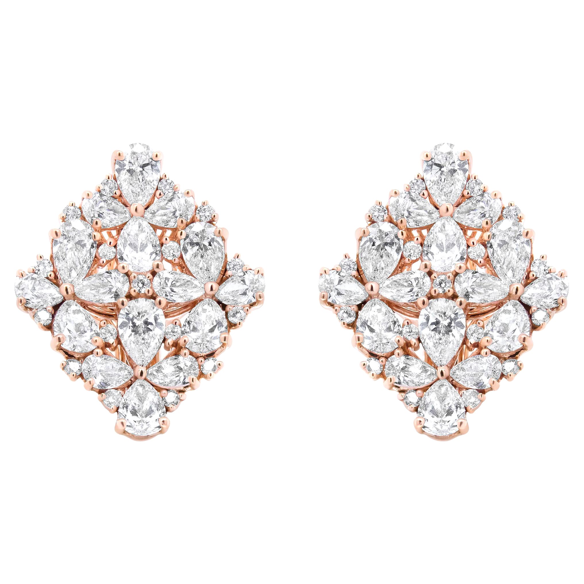 18K Rose Gold 8 1/3 Carat Pear and Round Diamond Floral Cluster Omega Earrings