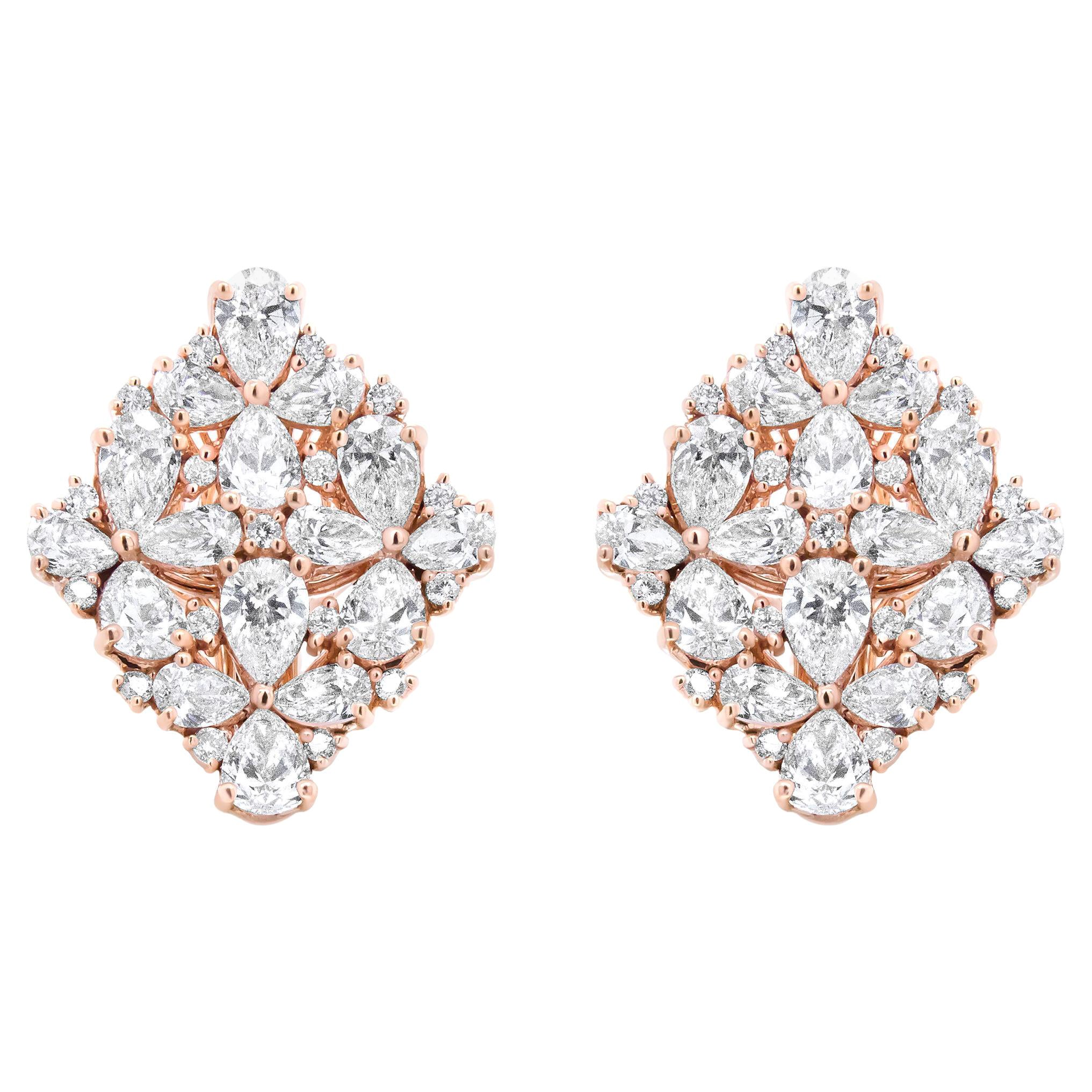 18K Rose Gold 8 1/3 Carat Pear and Round Diamond Floral Cluster Omega Earrings For Sale