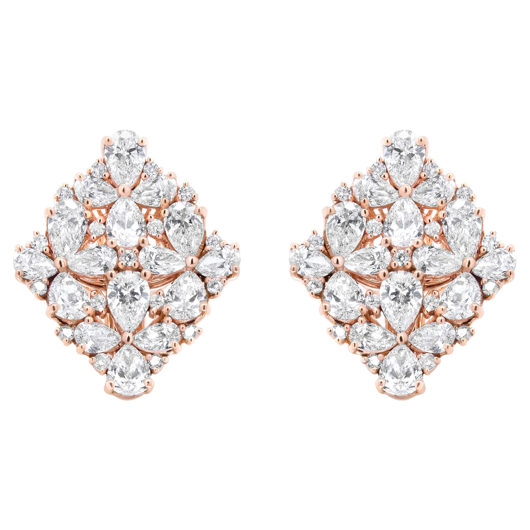 18K Rose Gold 8 1/3 Carat Pear and Round Diamond Floral Cluster Omega Earrings