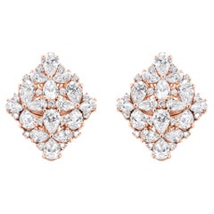 18K Rose Gold 8 1/3 Carat Pear and Round Diamond Floral Cluster Omega Earrings