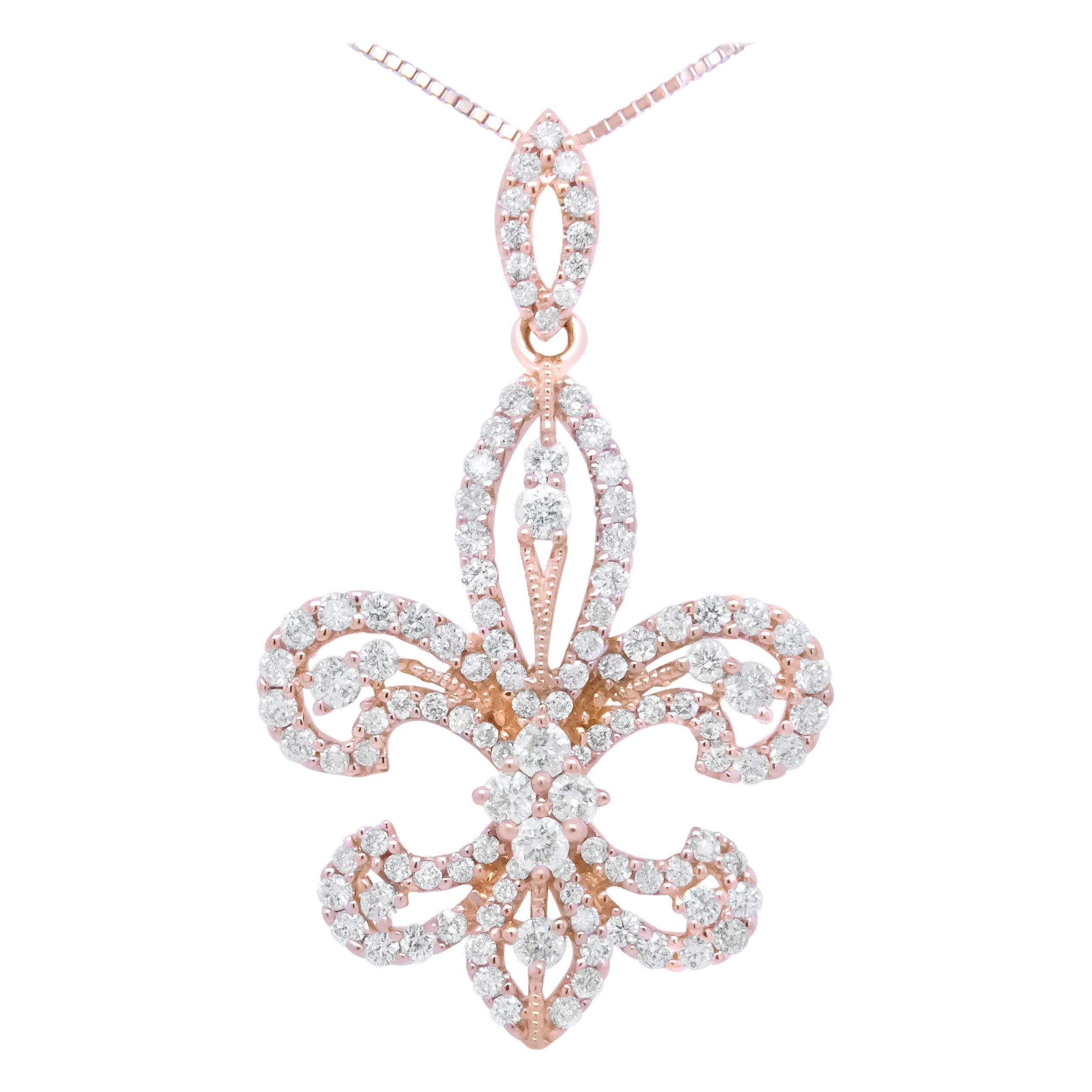 14K Yellow Gold 1.0 Carat Round Diamond Fleur De Lis Pendant Necklace For Sale