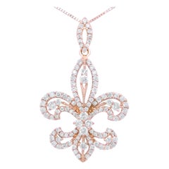 Collier à pendentif Fleur De Lis en or jaune 14 carats et diamants ronds de 1,0 carat