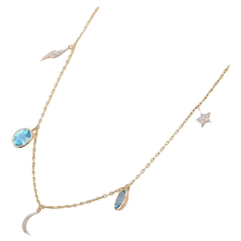 18K Yellow Gold Moon Necklace in Blue Topaz and Diamond For Sale