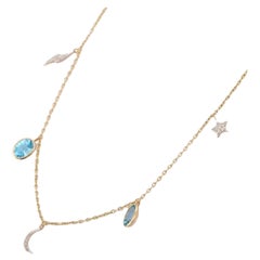 18K Yellow Gold Moon Necklace in Blue Topaz and Diamond