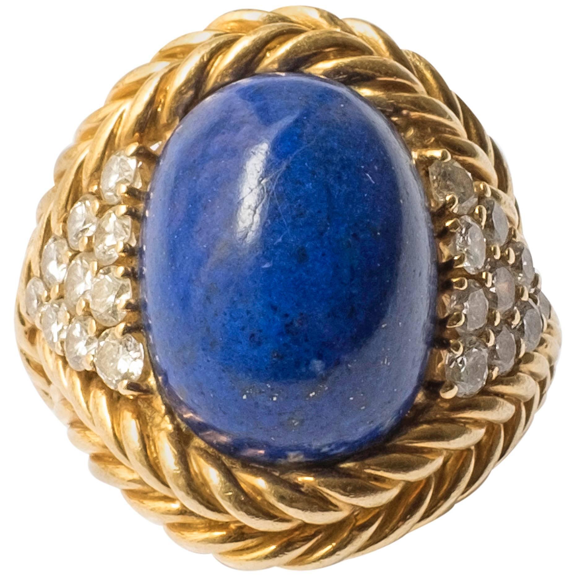 1970s Boucheron Paris Cabochon Lapis Lazuli Diamond Gold Ring  For Sale