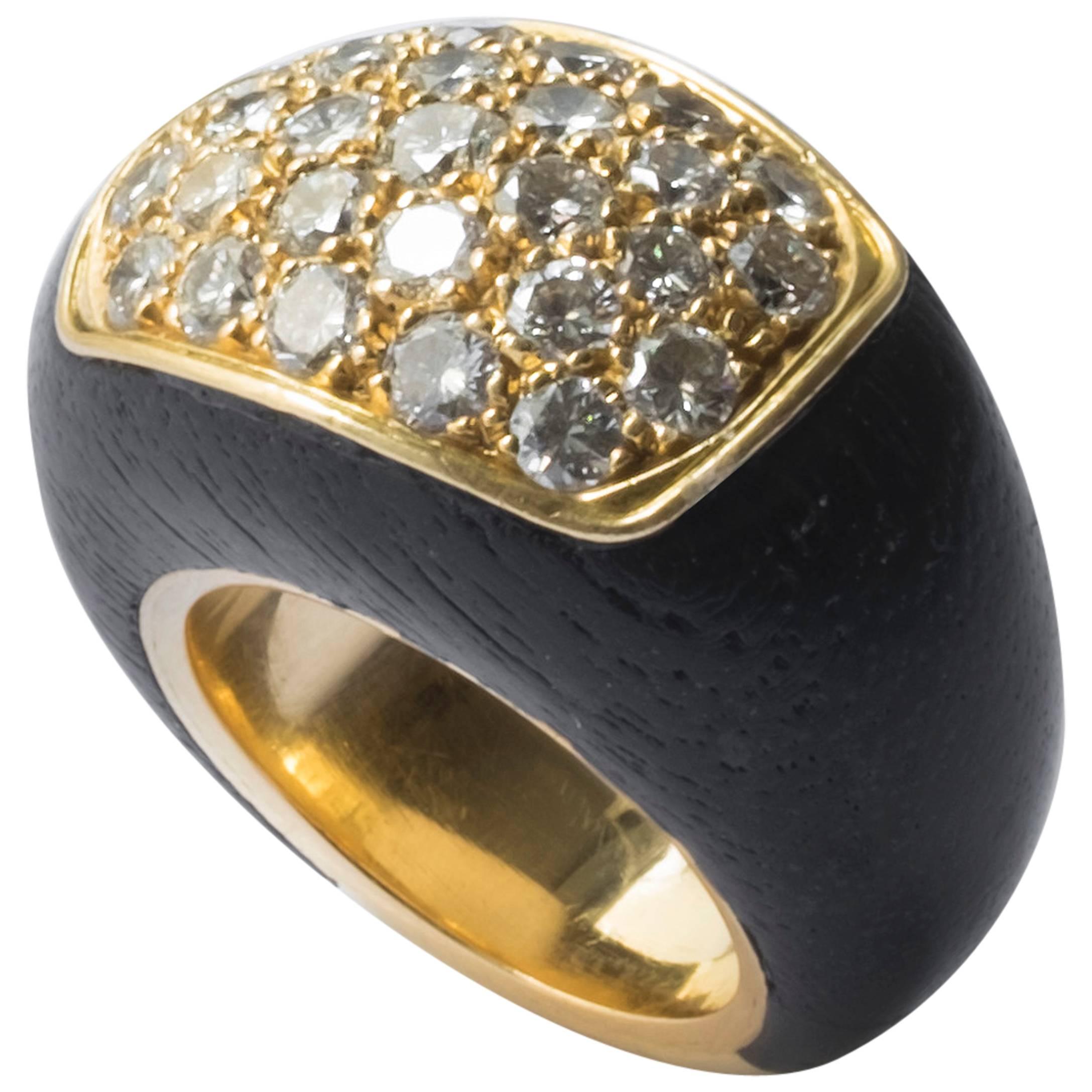 1970s Rene Boivin Paris Diamond Gold Rosewood Ring For Sale