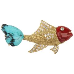 Vintage Nardi Venice Red Coral Turquoise Diamond Gold Fish Brooch Pendant