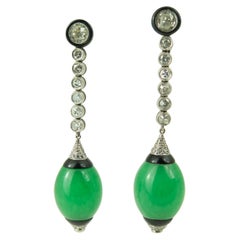 Art Deco Green Chrysoprase Drop Earrings, Platinum, Diamonds, Onyx