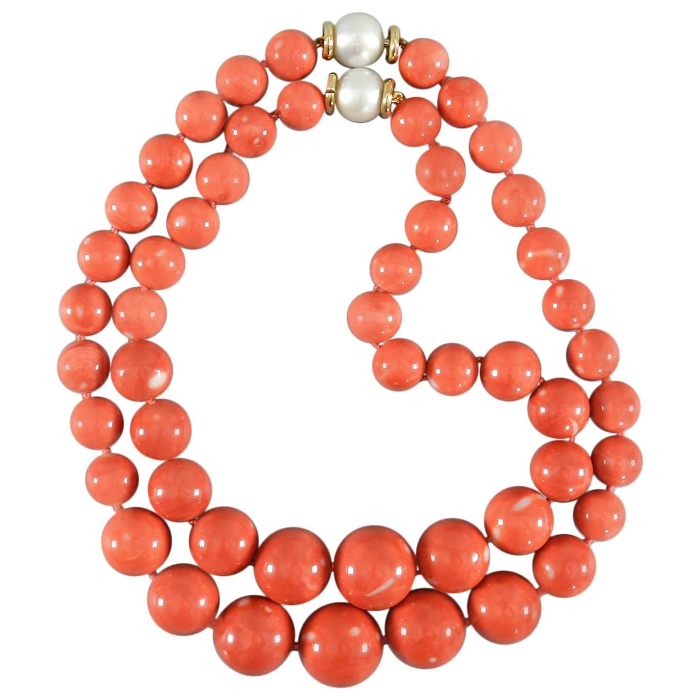 Trianon Set of Two Coral Bead Necklaces with Pearl Gold Clasps