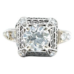 Art Deco GIA 1.30 Carats Old European Cut Diamond Platinum Filigree Ring