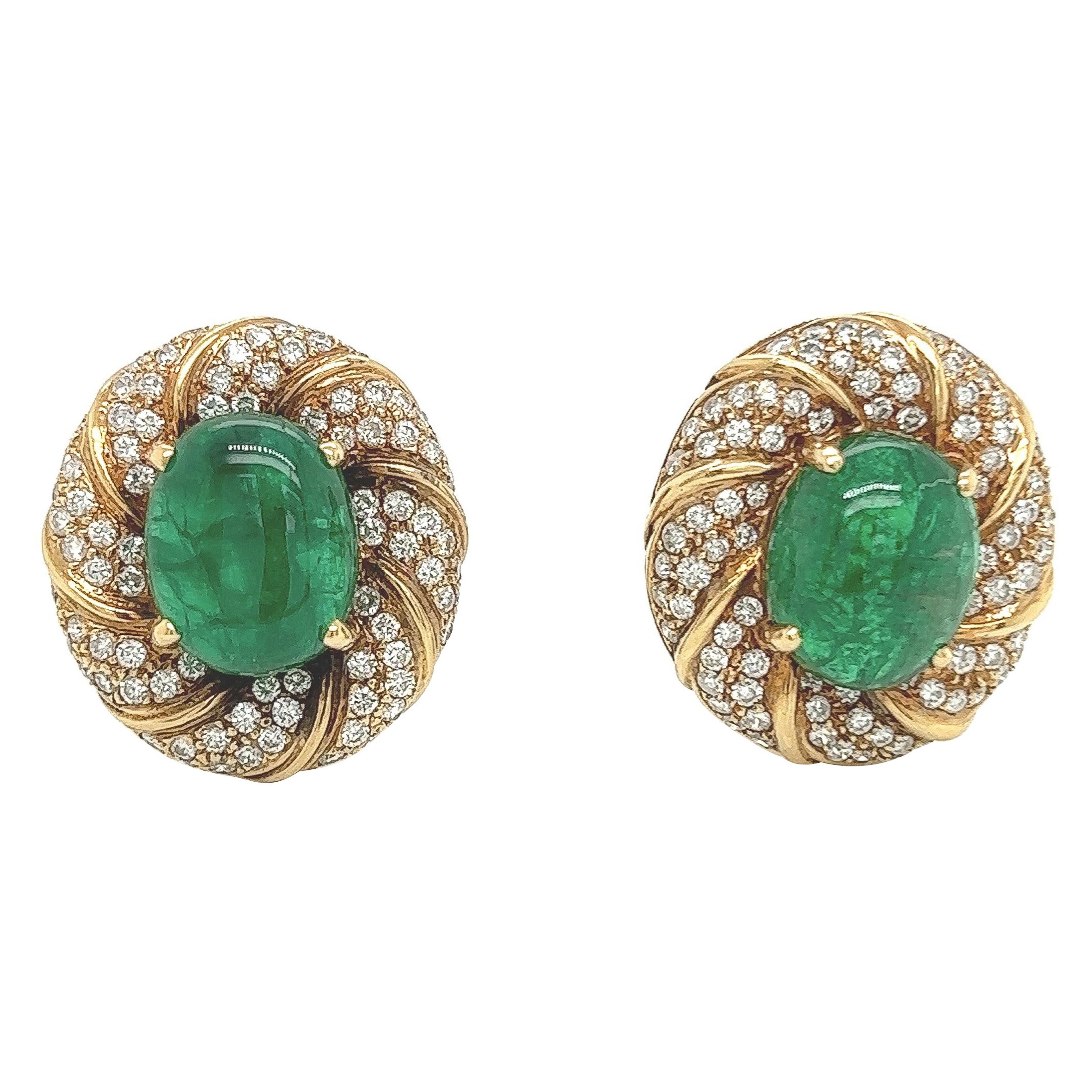 10.7 Total Carat 18K Yellow Gold Diamond & Colombian Emerald Earrings For Sale