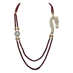 Ruby Bead Necklace w/Jade, Bone, Diamonds 18K Yellow Gold