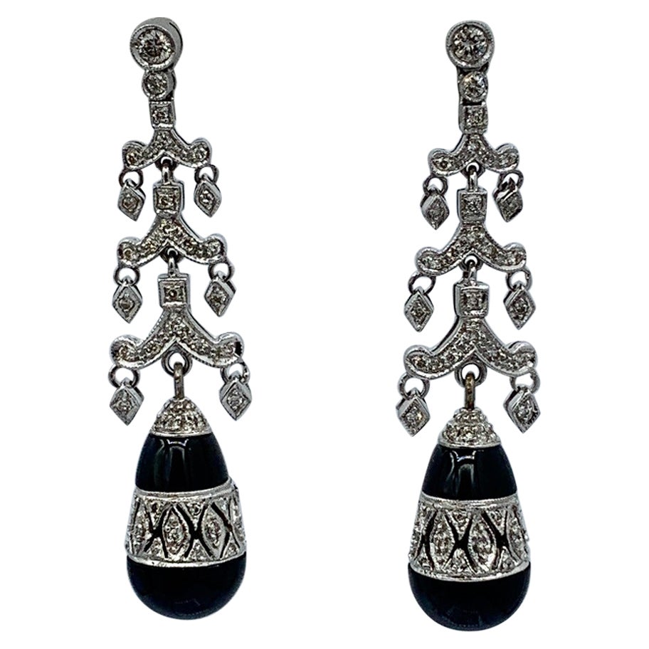 Diamond Black Onyx Dangle Drop Earrings 18 Karat White Gold Antique