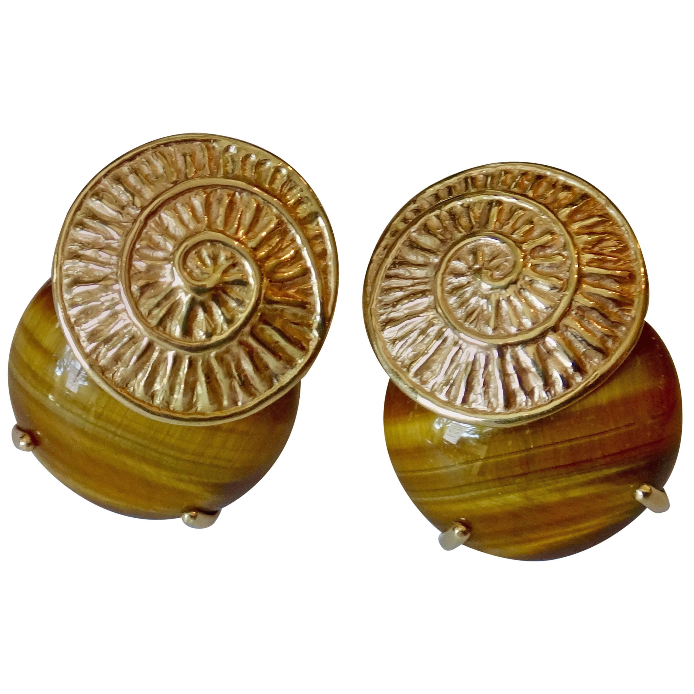 Michael Kneebone Tiger's Eye Gold Spiral Button Earrings