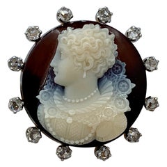 Rose Cut Diamond Hardstone Cameo Fairy Brooch French 18 Karat Gold Victorian