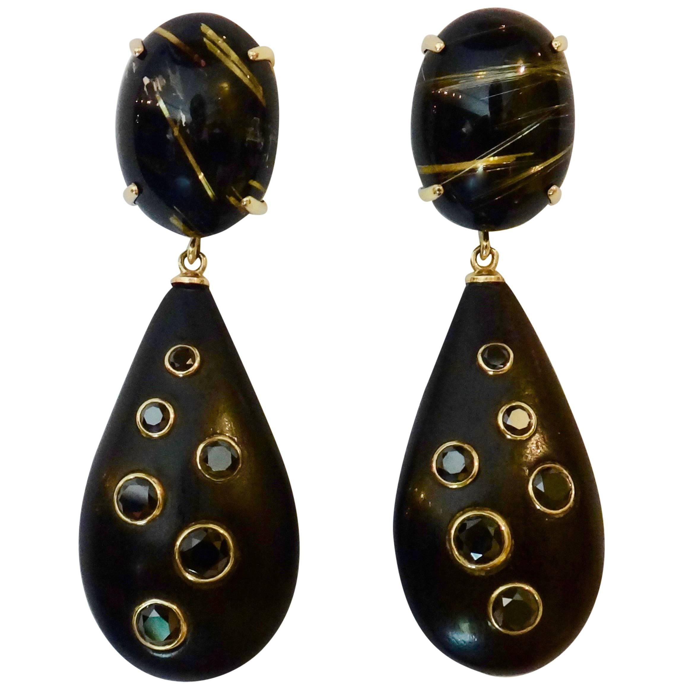 Michael Kneebone Rutilated Quartz Ebony Black Diamond Gold Dangle Earrings