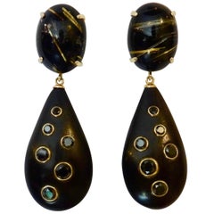 Michael Kneebone Rutilated Quartz Ebony Black Diamond Gold Dangle Earrings