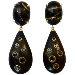 Rutilated Quartz Ebony Black Diamond Gold Dangle Earrings 10