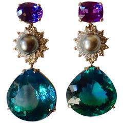 Colored Sapphire Tahitian Pearl Blue Green Topaz Diamond Gold Dangle Earrings