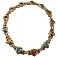 Vintage Dazzling Citrine Blue Topaz Gold Choker Necklace