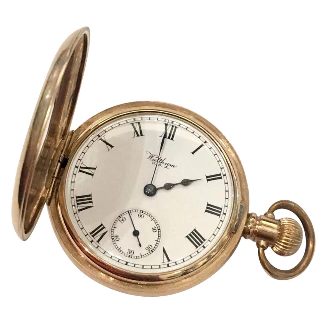 Antique Half Hunter Dennison Cased Pocket Watch Signed Waltham Traveller U.S.A. For Sale