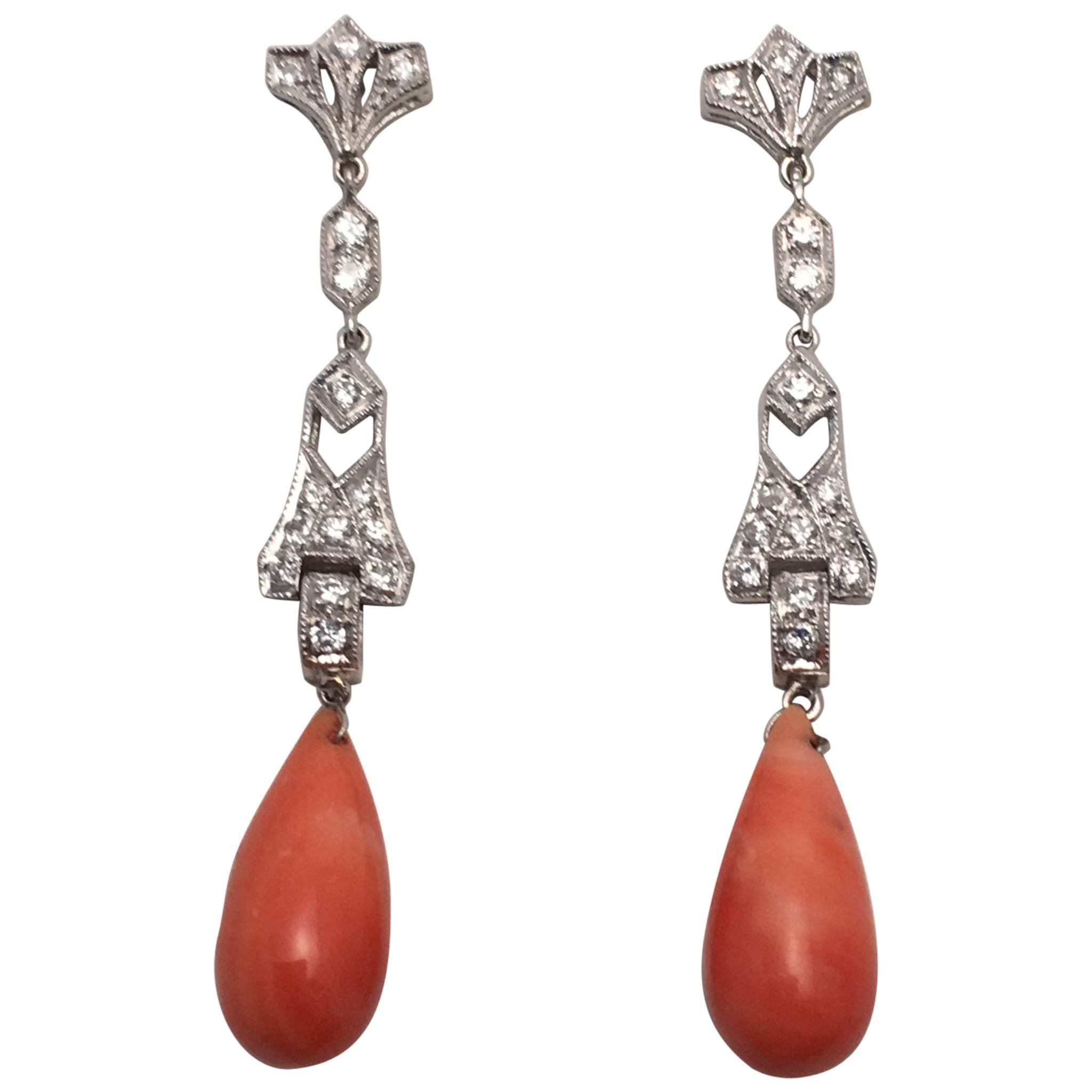 Stunning Art Deco Coral Diamond Gold Drop Earrings For Sale