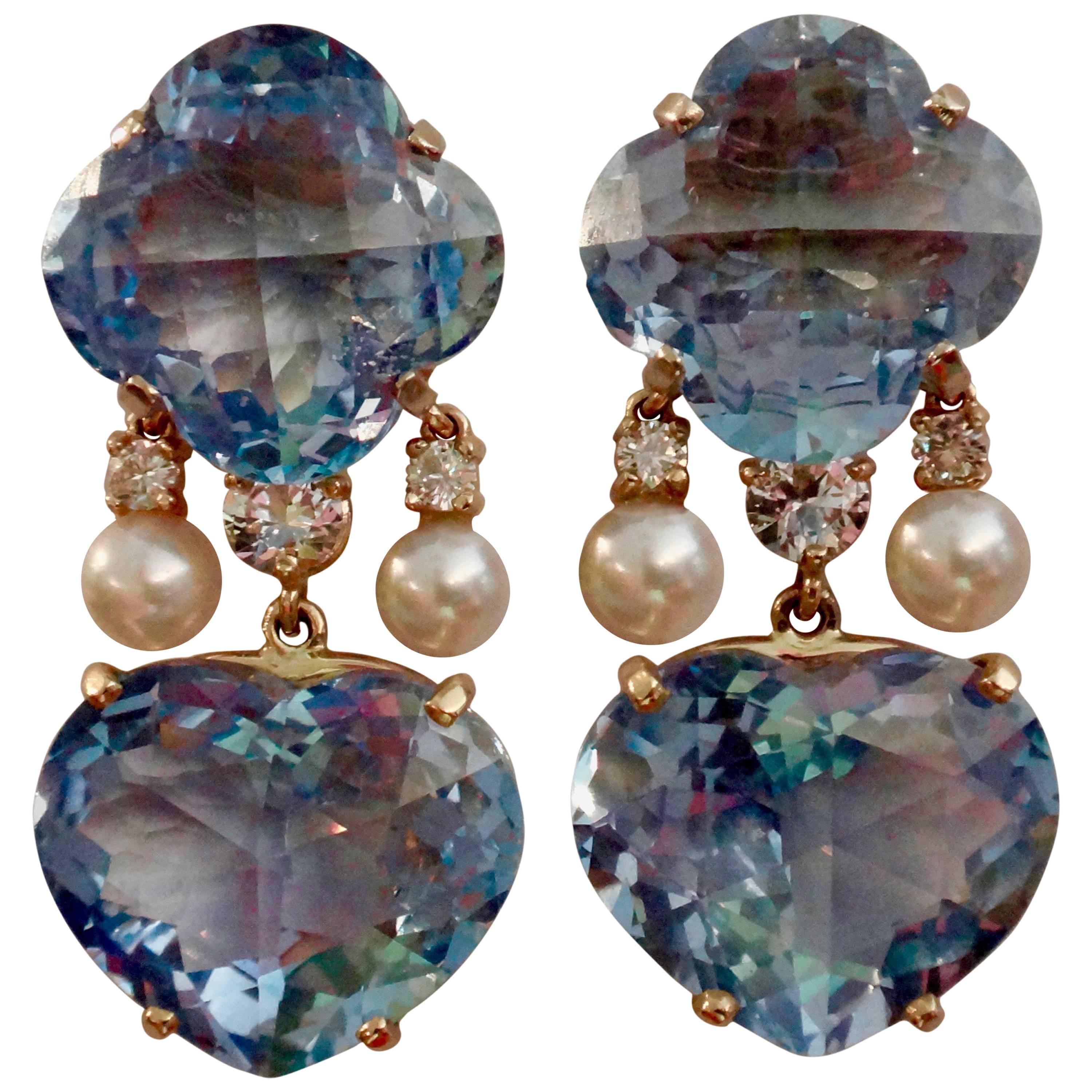 Michael Kneebone Blue Topaz Akoya Pearl Diamond Two-Color Gold Dangle Earrings