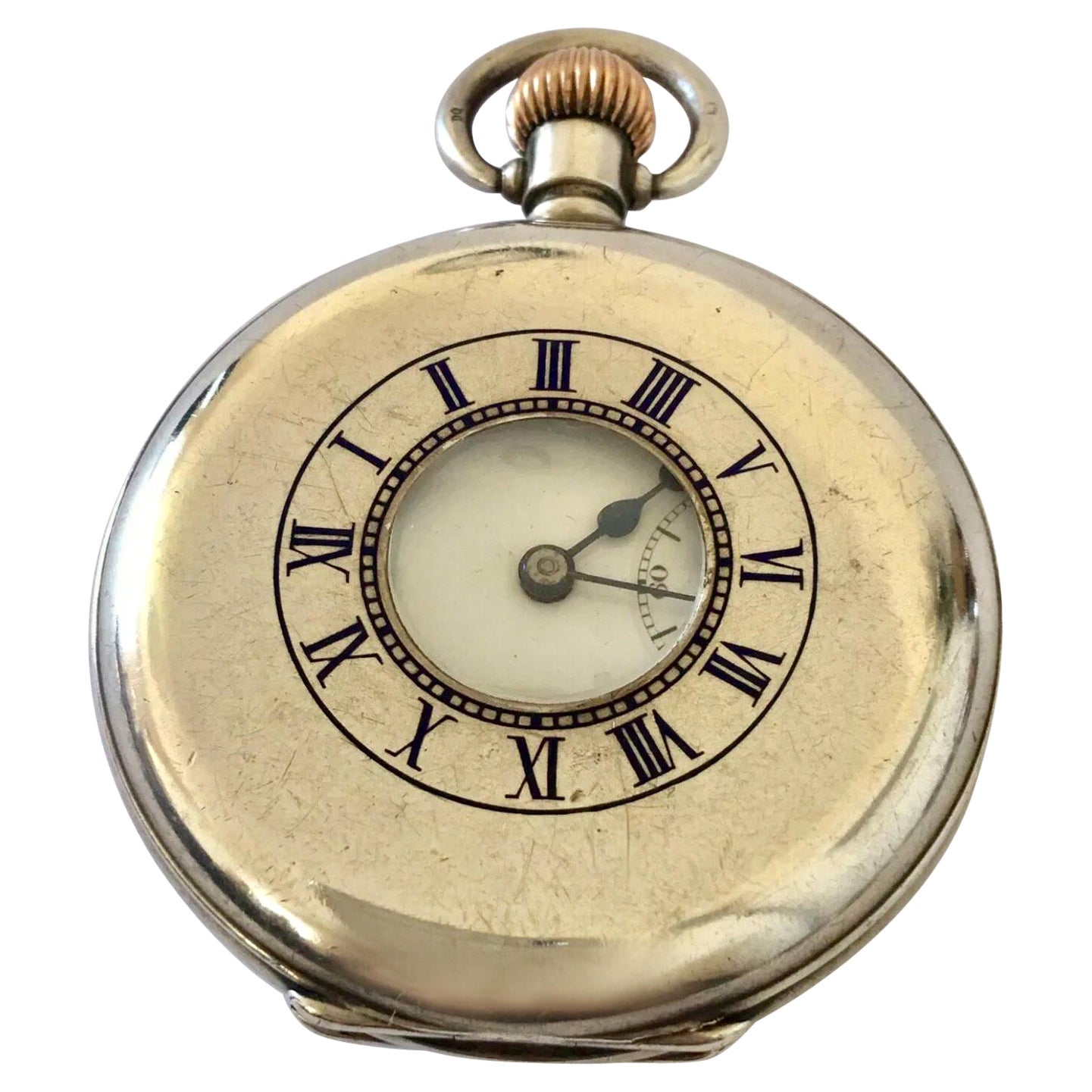 Antique Silver Half Hunter Keyless Mechanical Pocket Watch For Sale