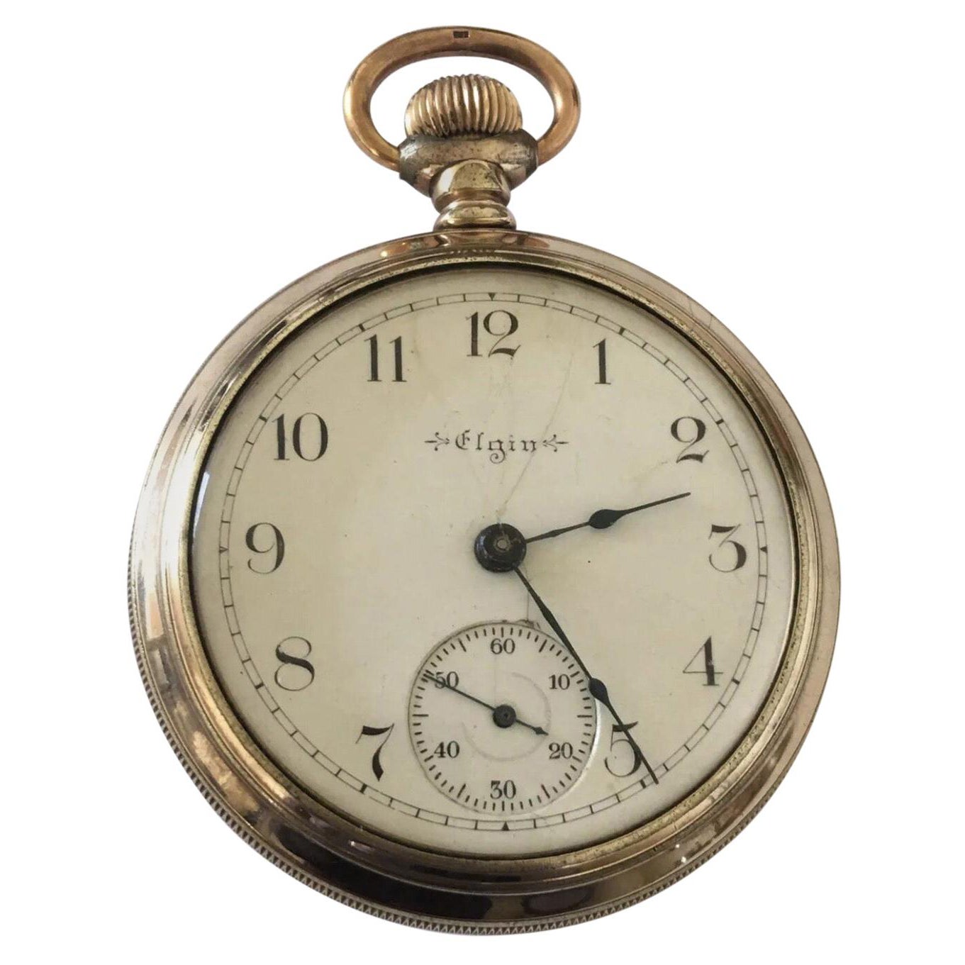 Antique Screw Back Gold-Plated Pocket Watch Signed Elgin Nat’l Watch Co. USA For Sale