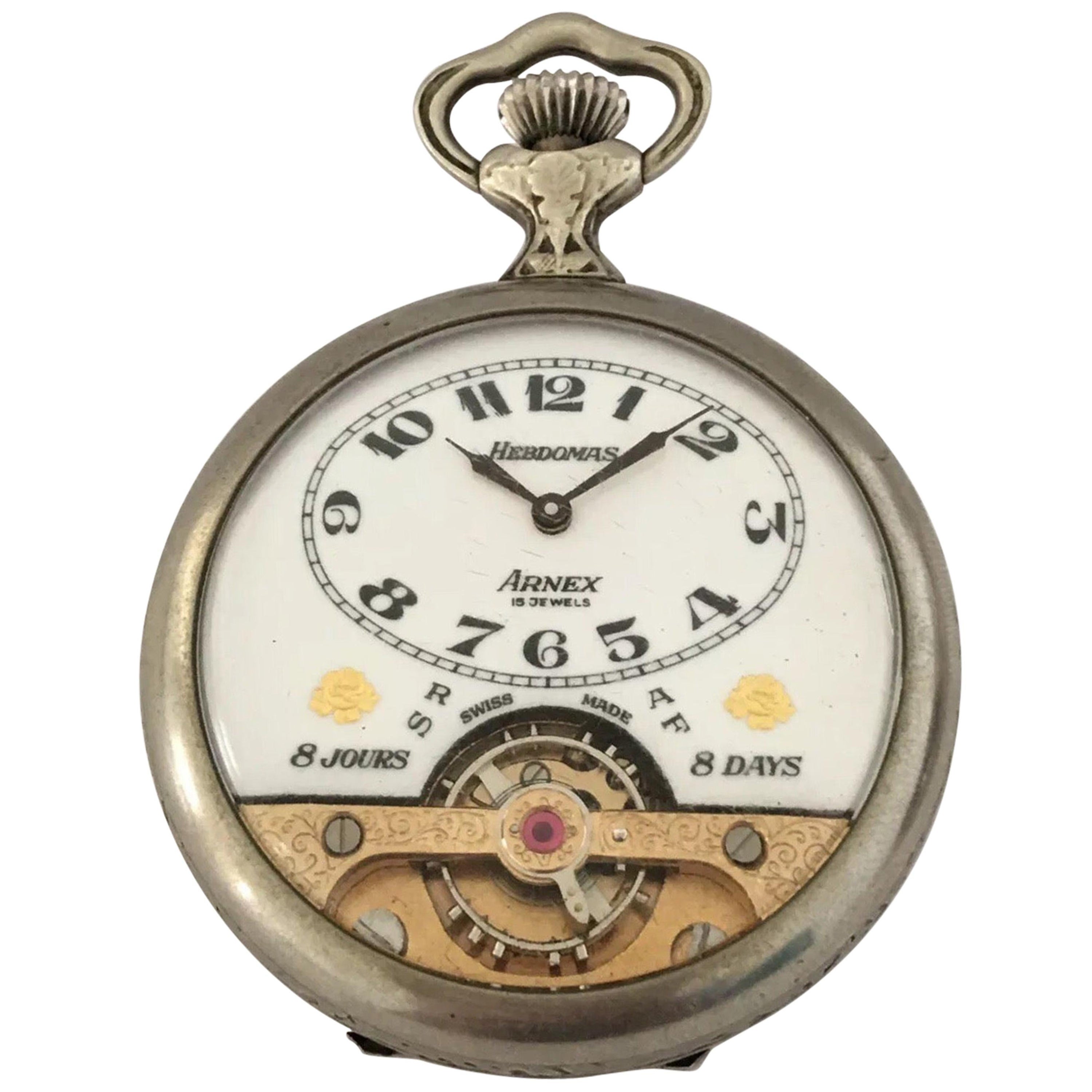 Antique Silver Plated Swiss 8 Day Hebdomas with Visible Escapement Pocket Watch For Sale