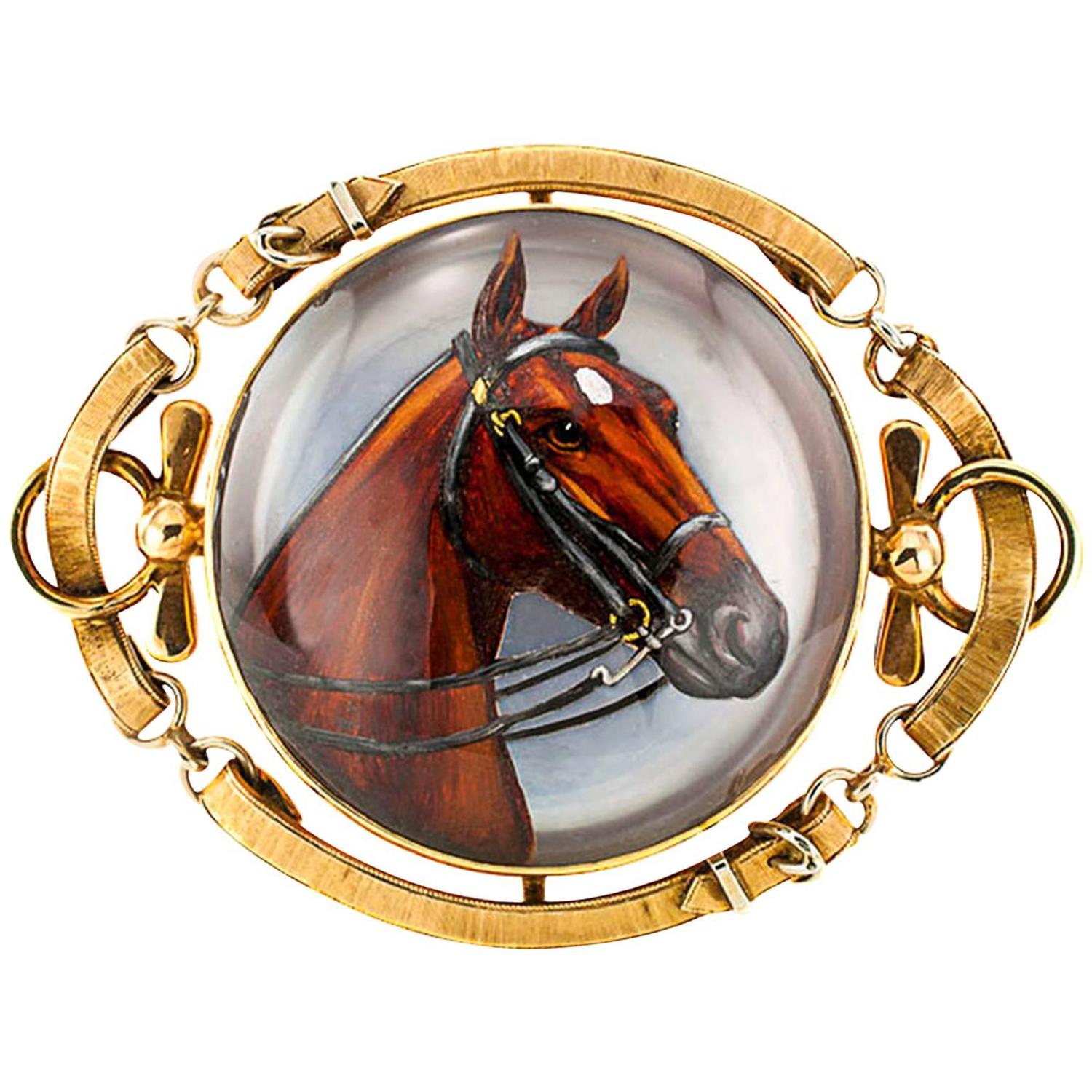 1920s Large Essex Crystal Gold Equestrian Brooch For Sale at 1stdibs